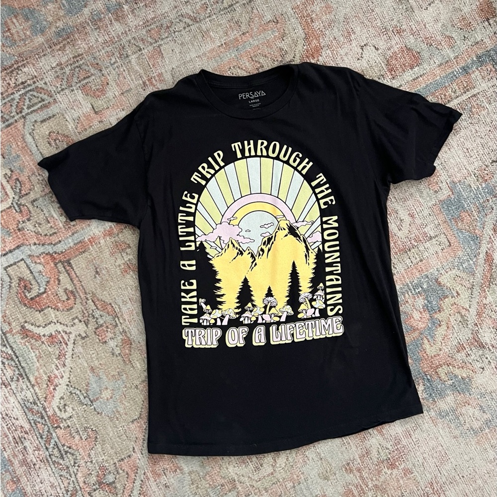 Persaya Black Tee with Yellow and Pink Mountain Graphic